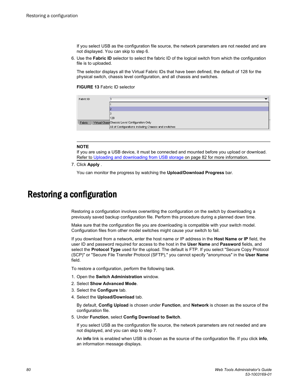 Restoring a configuration | Brocade Web Tools Administrators Guide (Supporting Fabric OS v7.3.0) User Manual | Page 80 / 274