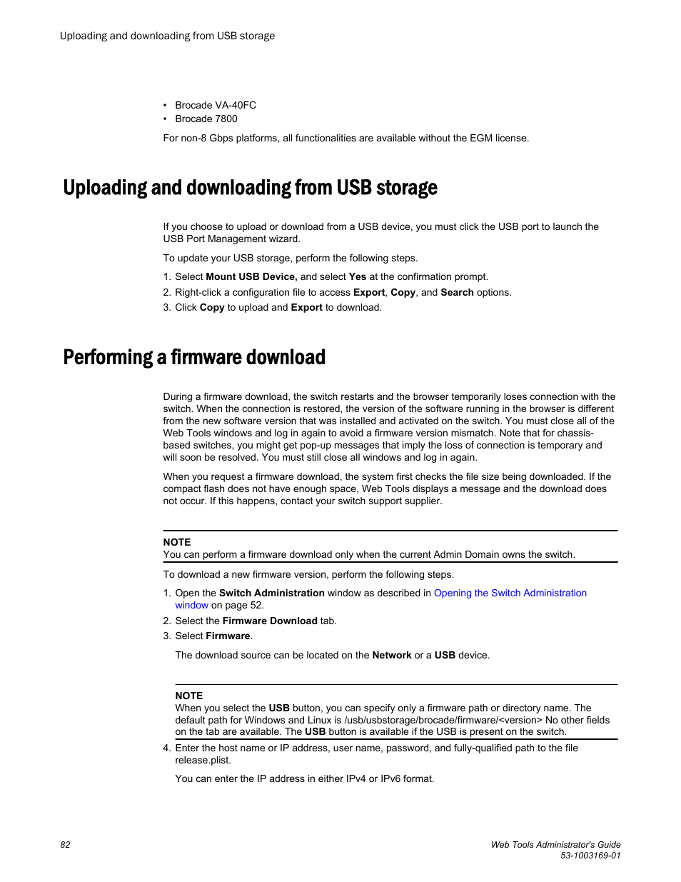 Uploading and downloading from usb storage, Performing a firmware download, Refer to | Brocade Web Tools Administrators Guide (Supporting Fabric OS v7.3.0) User Manual | Page 82 / 274