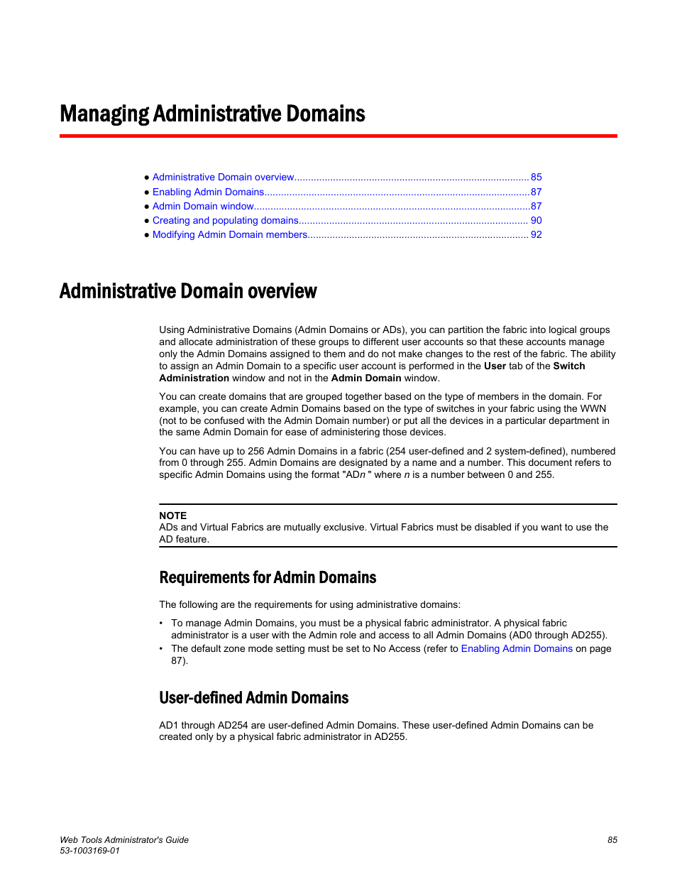 Managing administrative domains, Administrative domain overview, Requirements for admin domains | User-defined admin domains | Brocade Web Tools Administrators Guide (Supporting Fabric OS v7.3.0) User Manual | Page 85 / 274