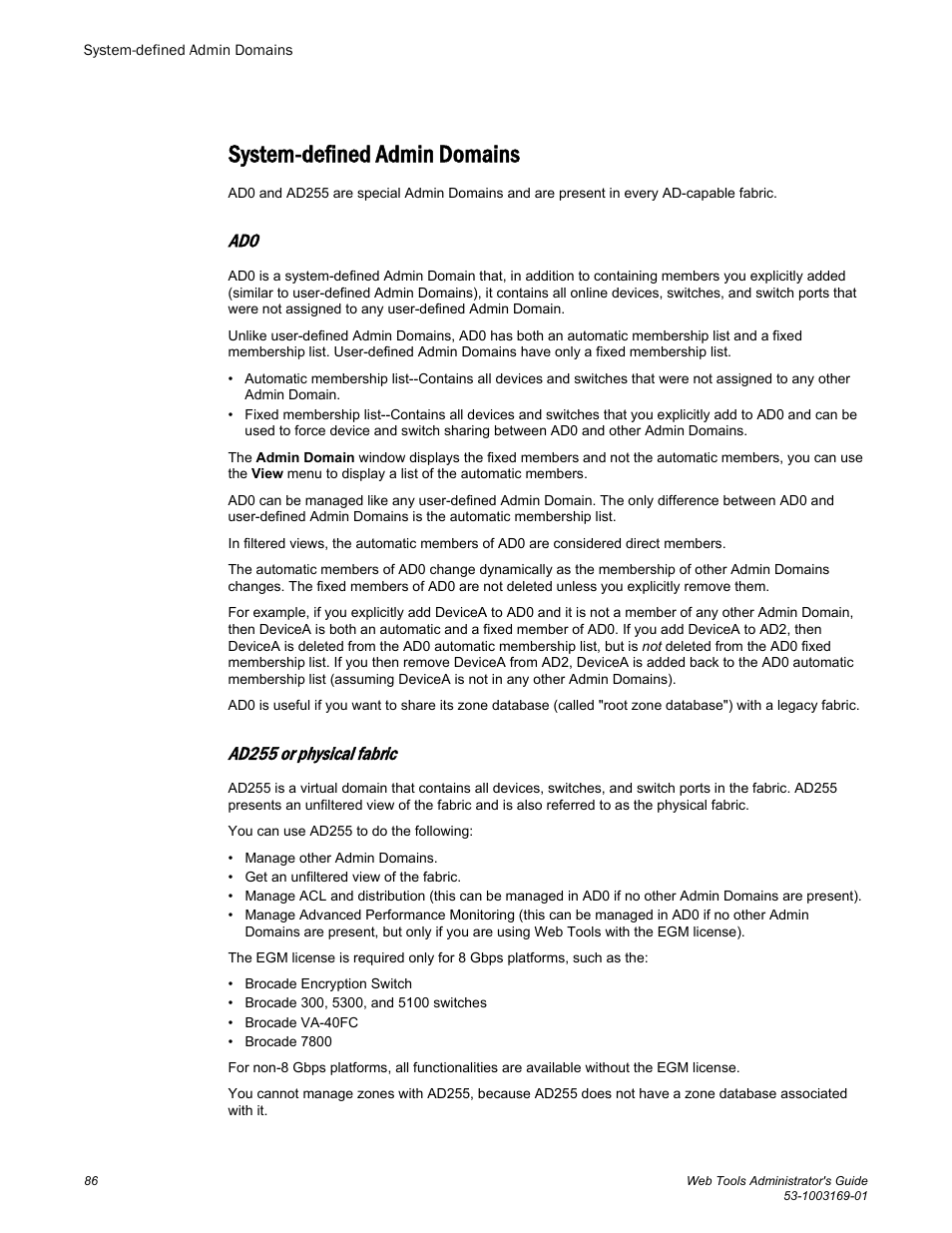 System-defined admin domains, Ad255 or physical fabric | Brocade Web Tools Administrators Guide (Supporting Fabric OS v7.3.0) User Manual | Page 86 / 274