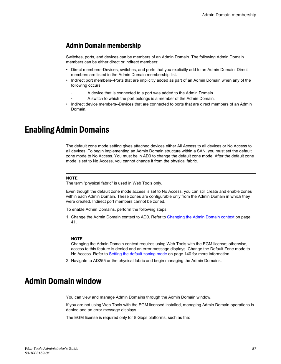 Admin domain membership, Enabling admin domains, Admin domain window | Enabling admin domains admin domain window | Brocade Web Tools Administrators Guide (Supporting Fabric OS v7.3.0) User Manual | Page 87 / 274