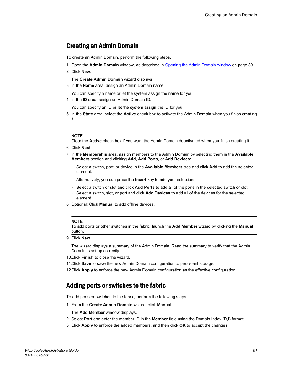 Creating an admin domain, Adding ports or switches to the fabric | Brocade Web Tools Administrators Guide (Supporting Fabric OS v7.3.0) User Manual | Page 91 / 274