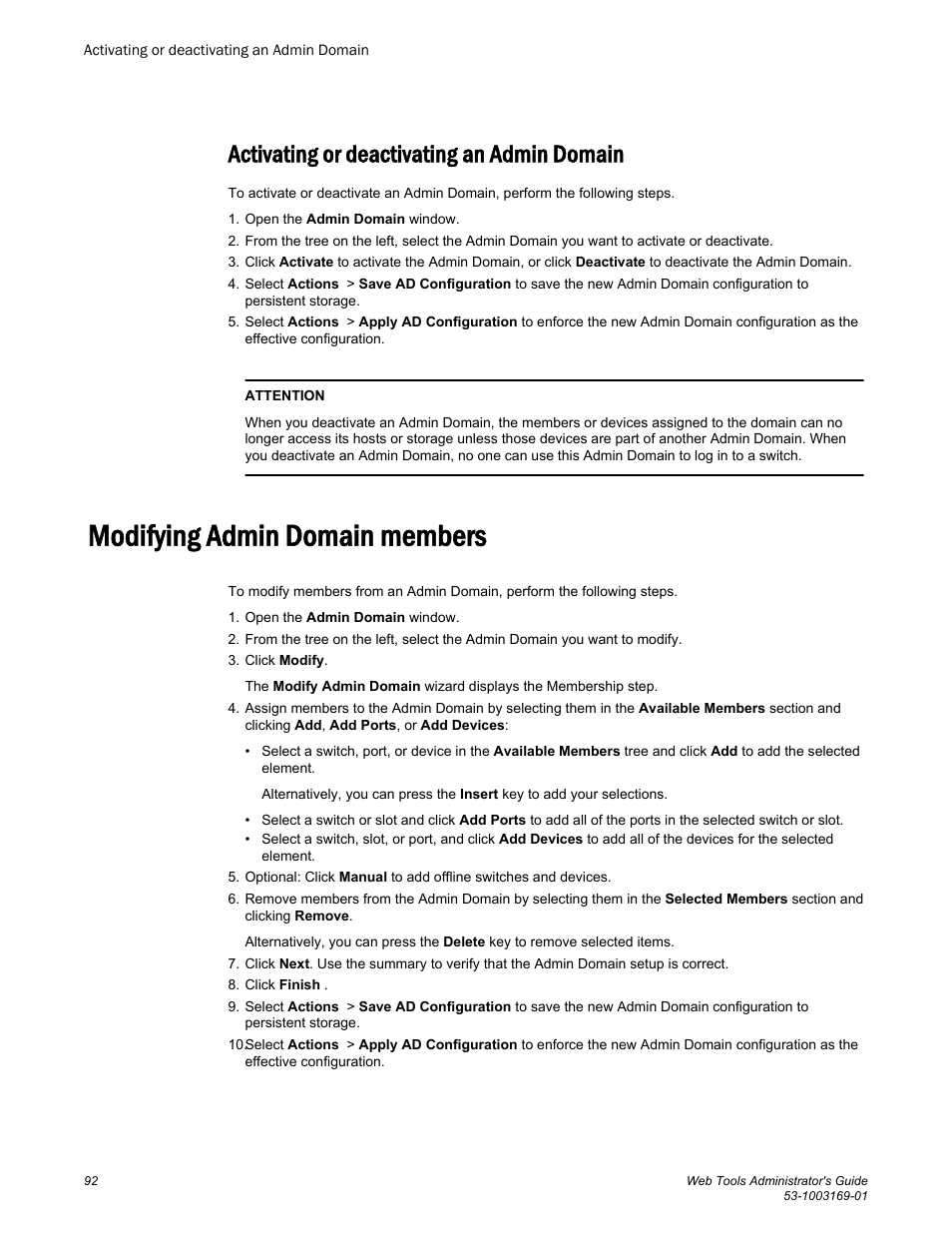 Activating or deactivating an admin domain, Modifying admin domain members | Brocade Web Tools Administrators Guide (Supporting Fabric OS v7.3.0) User Manual | Page 92 / 274