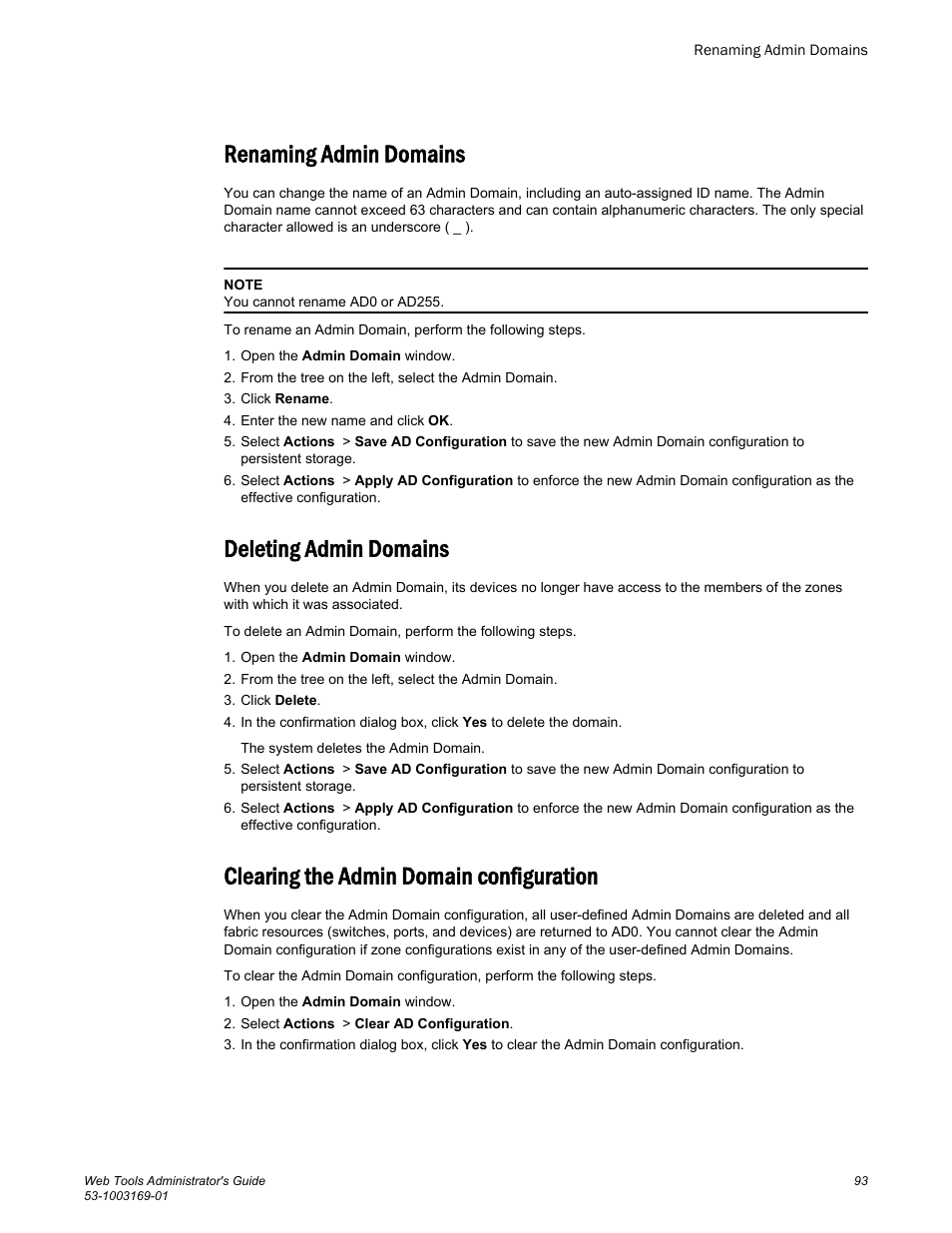 Renaming admin domains, Deleting admin domains, Clearing the admin domain configuration | Brocade Web Tools Administrators Guide (Supporting Fabric OS v7.3.0) User Manual | Page 93 / 274