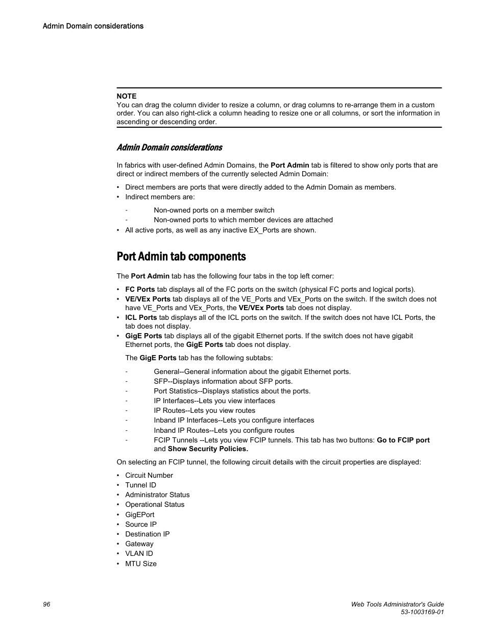 Admin domain considerations, Port admin tab components | Brocade Web Tools Administrators Guide (Supporting Fabric OS v7.3.0) User Manual | Page 96 / 274