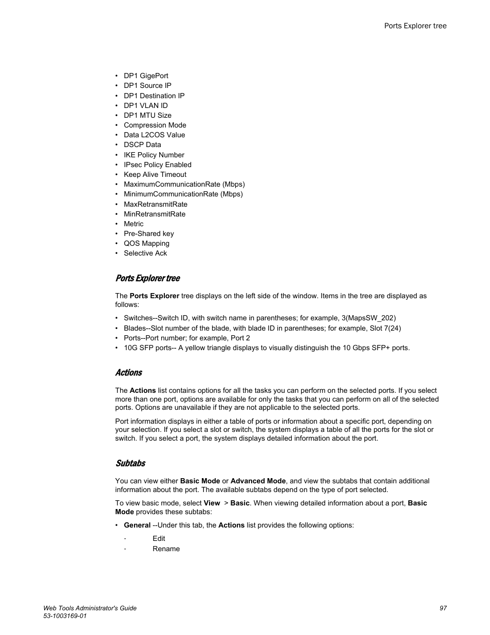 Ports explorer tree, Actions, Subtabs | Brocade Web Tools Administrators Guide (Supporting Fabric OS v7.3.0) User Manual | Page 97 / 274