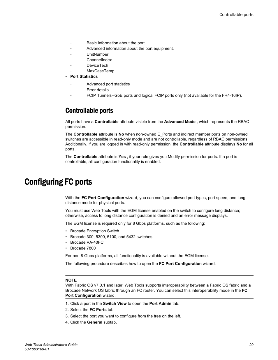 Controllable ports, Configuring fc ports | Brocade Web Tools Administrators Guide (Supporting Fabric OS v7.3.0) User Manual | Page 99 / 274