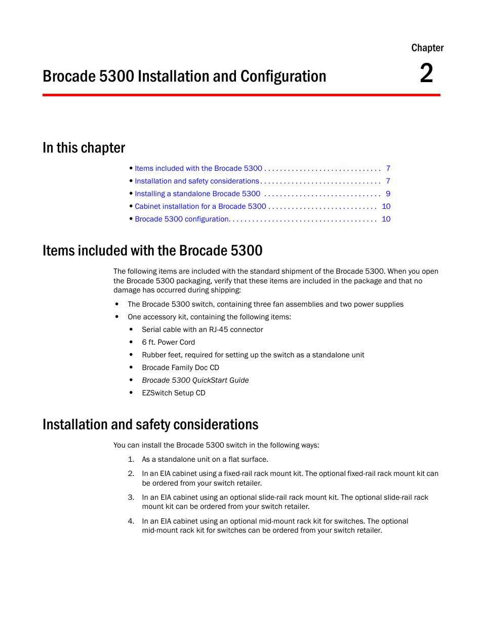 Brocade 5300 installation and configuration, In this chapter, Items included with the brocade 5300 | Installation and safety considerations, Chapter 2 | Brocade 5300 Hardware Reference Manual User Manual | Page 19 / 54