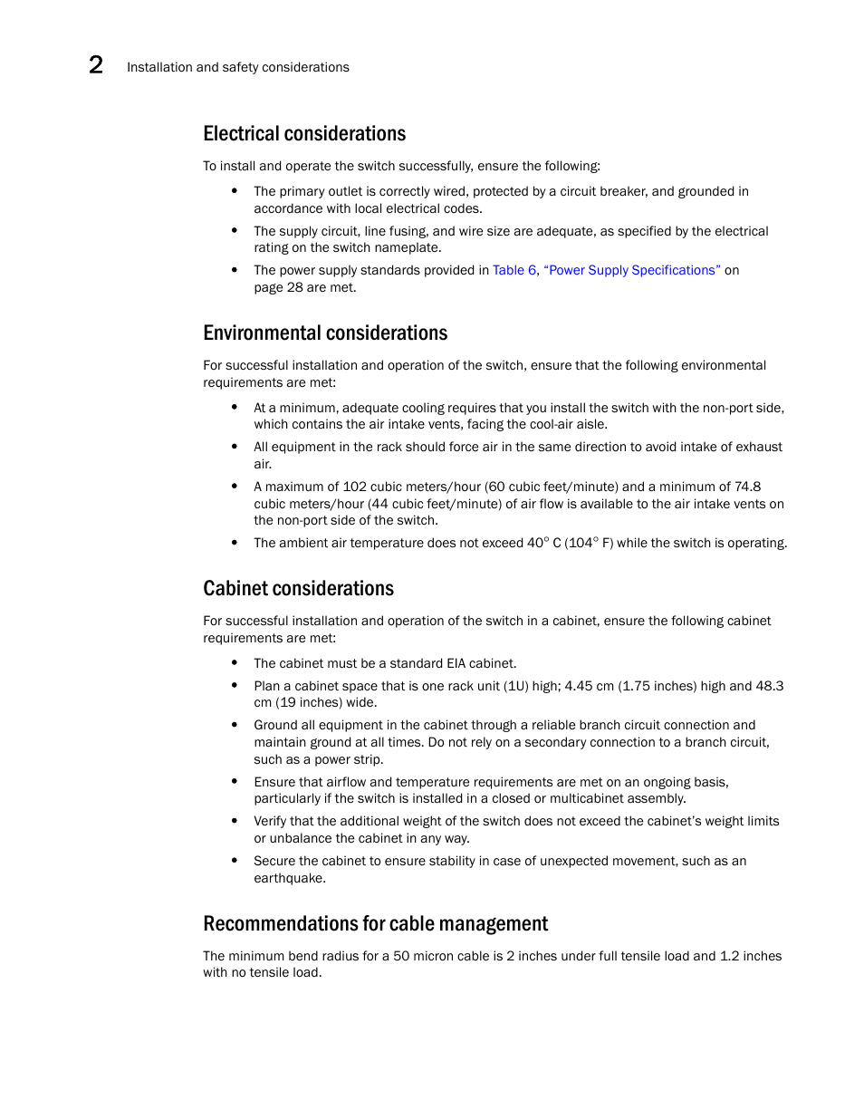 Electrical considerations, Environmental considerations, Cabinet considerations | Recommendations for cable management | Brocade 5300 Hardware Reference Manual User Manual | Page 20 / 54