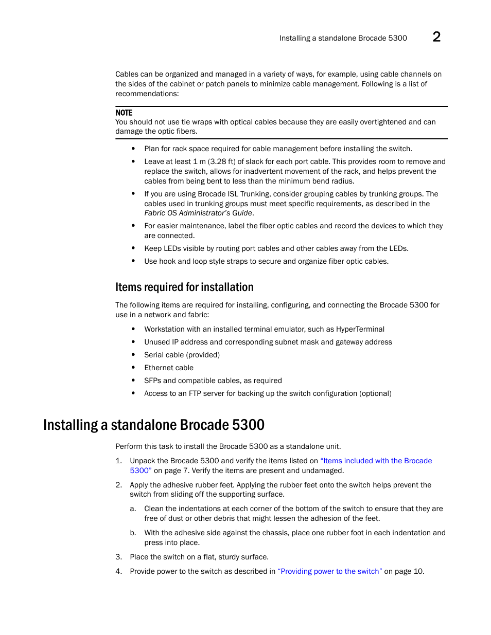 Items required for installation, Installing a standalone brocade 5300 | Brocade 5300 Hardware Reference Manual User Manual | Page 21 / 54