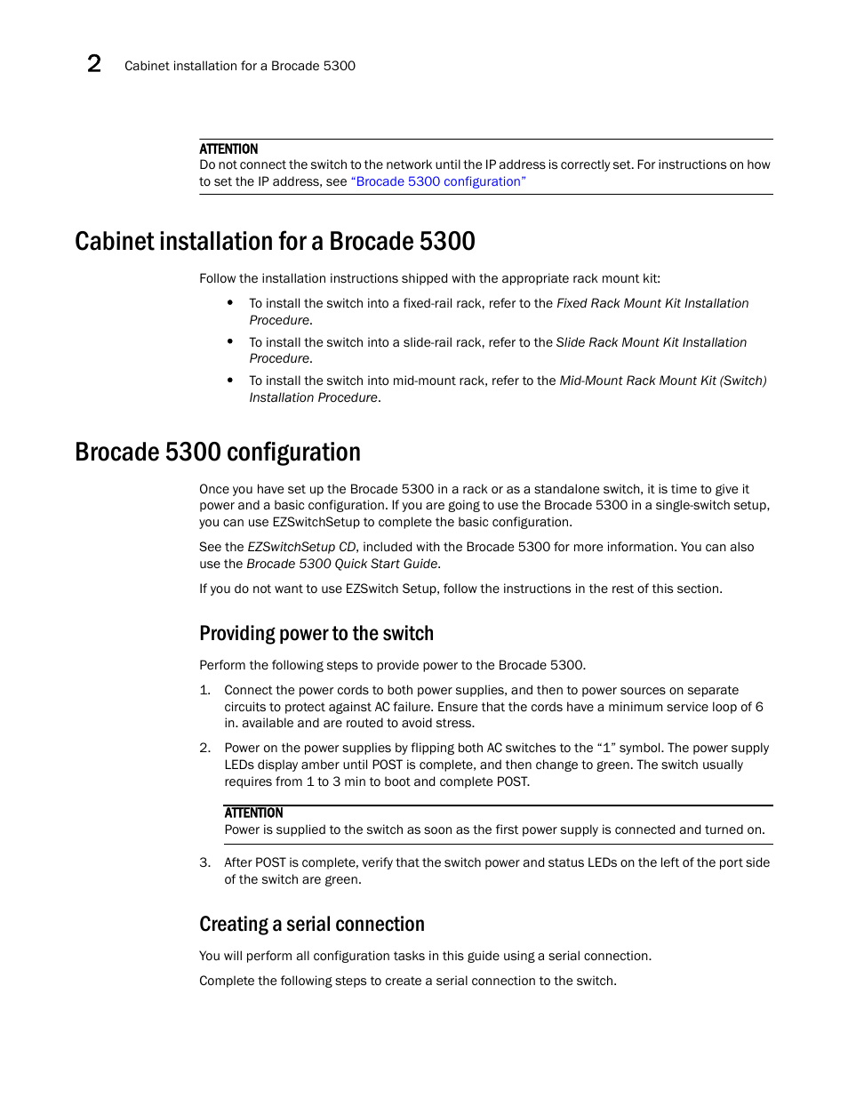 Cabinet installation for a brocade 5300, Brocade 5300 configuration, Providing power to the switch | Creating a serial connection, D in | Brocade 5300 Hardware Reference Manual User Manual | Page 22 / 54