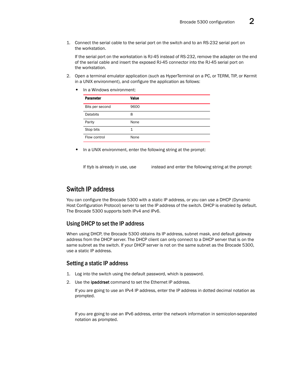 Switch ip address, Using dhcp to set the ip address, Setting a static ip address | Brocade 5300 Hardware Reference Manual User Manual | Page 23 / 54