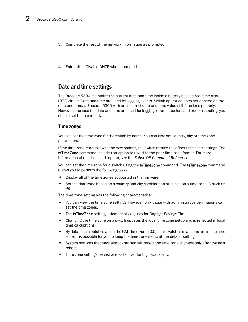 Date and time settings, Time zones | Brocade 5300 Hardware Reference Manual User Manual | Page 24 / 54