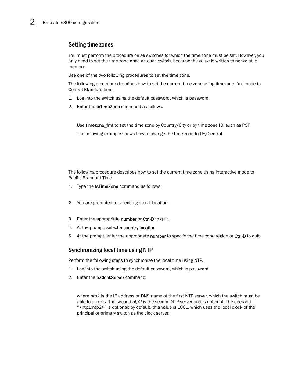 Setting time zones, Synchronizing local time using ntp | Brocade 5300 Hardware Reference Manual User Manual | Page 26 / 54