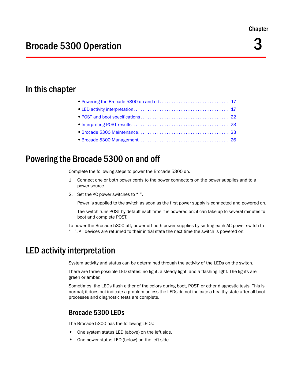 Brocade 5300 operation, In this chapter, Powering the brocade 5300 on and off | Led activity interpretation, Brocade 5300 leds, Chapter 3, Chapter 3, “brocade 5300 operation, Discusses | Brocade 5300 Hardware Reference Manual User Manual | Page 29 / 54