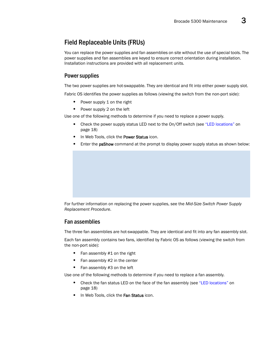 Field replaceable units (frus), Power supplies, Fan assemblies | Brocade 5300 Hardware Reference Manual User Manual | Page 37 / 54