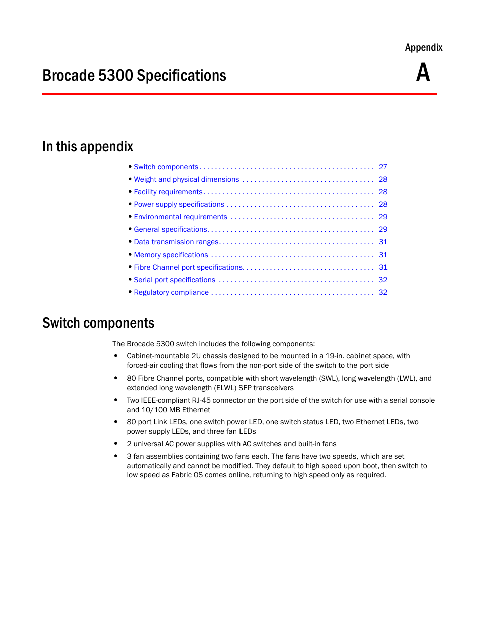 Brocade 5300 specifications, In this appendix, Switch components | Appendix a, Appendix a, “brocade 5300 specifications | Brocade 5300 Hardware Reference Manual User Manual | Page 39 / 54