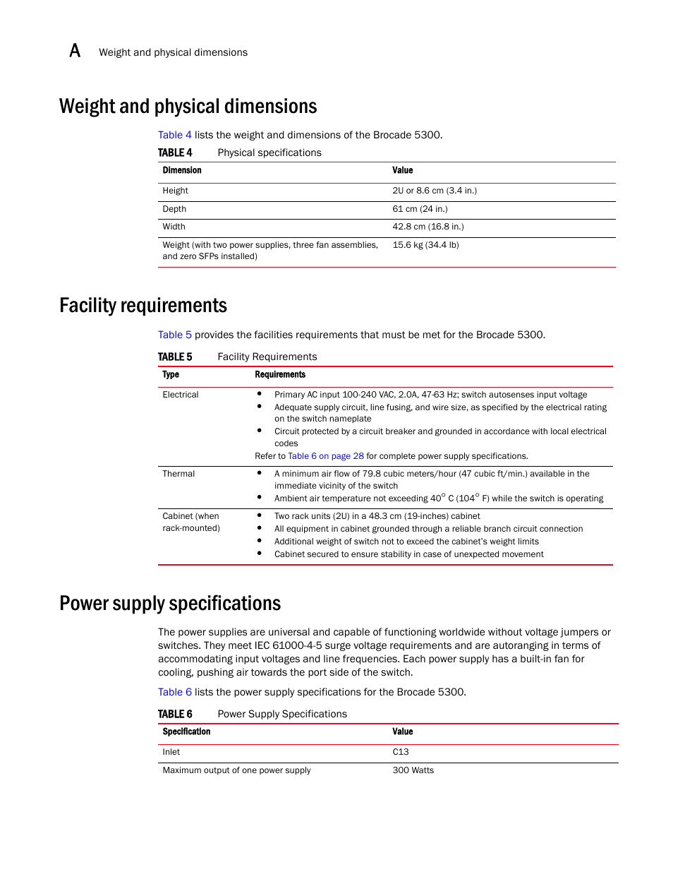 Weight and physical dimensions, Facility requirements, Power supply specifications | Ided in, Table 6 | Brocade 5300 Hardware Reference Manual User Manual | Page 40 / 54