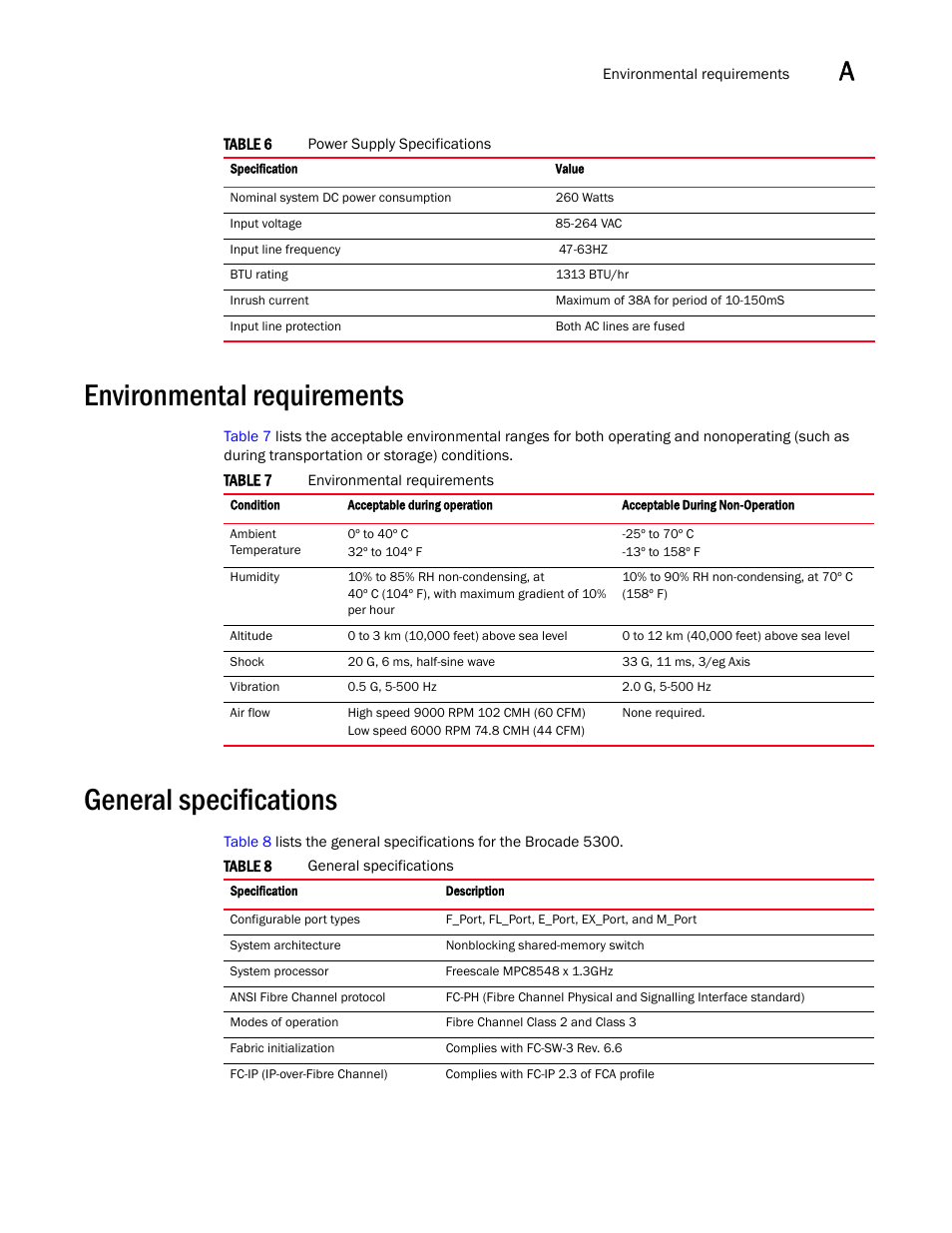 Environmental requirements, General specifications | Brocade 5300 Hardware Reference Manual User Manual | Page 41 / 54