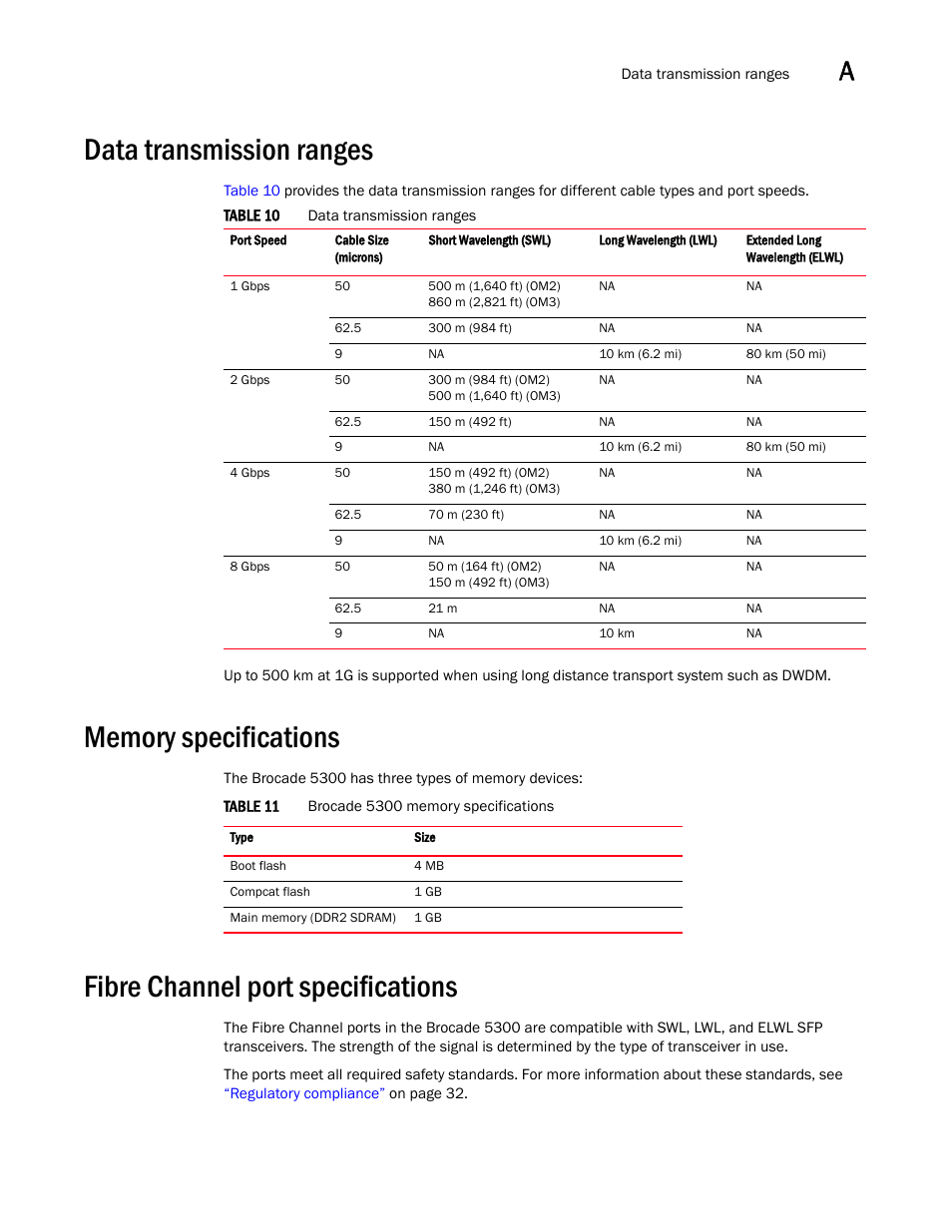 Data transmission ranges, Memory specifications, Fibre channel port specifications | Brocade 5300 Hardware Reference Manual User Manual | Page 43 / 54