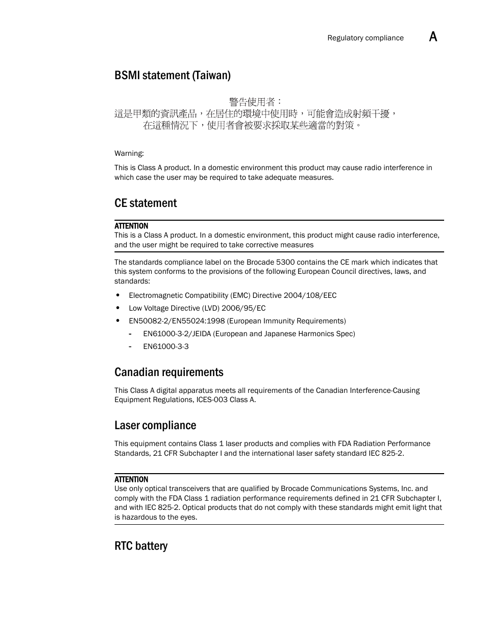 Bsmi statement (taiwan), Ce statement, Canadian requirements | Laser compliance, Rtc battery | Brocade 5300 Hardware Reference Manual User Manual | Page 47 / 54