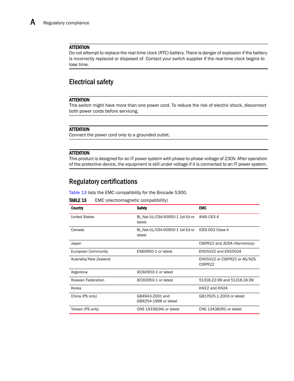 Electrical safety, Regulatory certifications | Brocade 5300 Hardware Reference Manual User Manual | Page 48 / 54