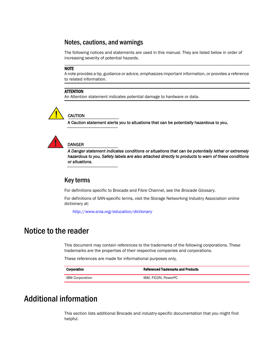 Notice to the reader, Additional information, Key terms | Brocade 5300 Hardware Reference Manual User Manual | Page 9 / 54