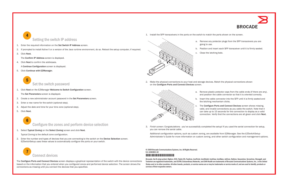 1000892-02_5300qsg_pg2, Setting the switch ip address 4, Set the switch password 5 | Configure the zones and perform device selection 6, Connect devices 7 | Brocade 5300 QuickStart Guide User Manual | Page 2 / 2