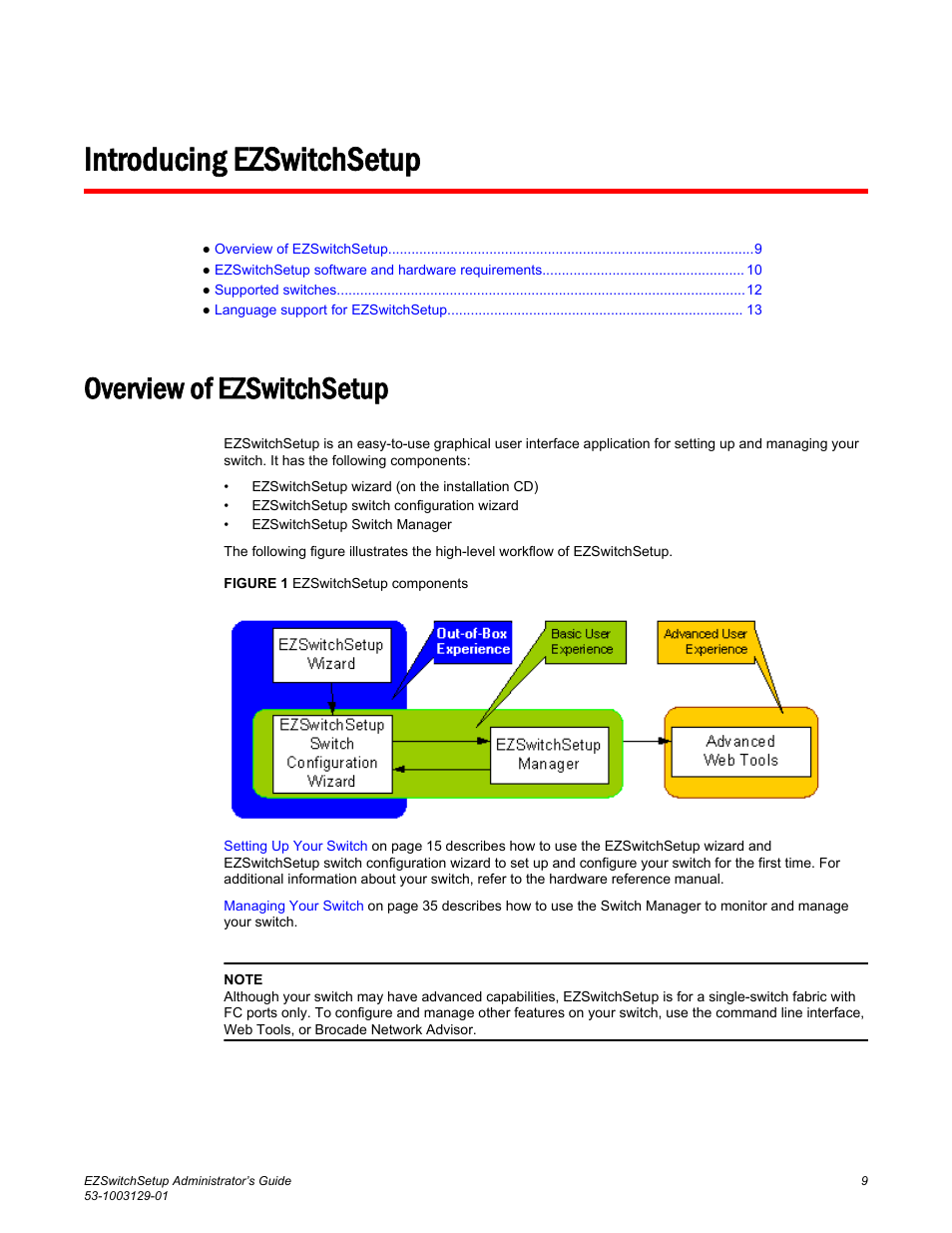 Introducing ezswitchsetup, Overview of ezswitchsetup | Brocade EZSwitchSetup Administrator’s Guide (Supporting 300, 5100, 5300, 6505, 6510, 6520, 7800, 7840, and VA-40FC) User Manual | Page 11 / 64
