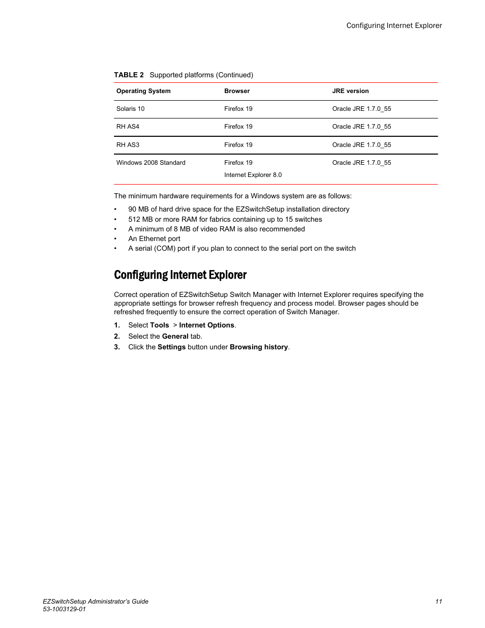 Configuring internet explorer | Brocade EZSwitchSetup Administrator’s Guide (Supporting 300, 5100, 5300, 6505, 6510, 6520, 7800, 7840, and VA-40FC) User Manual | Page 13 / 64