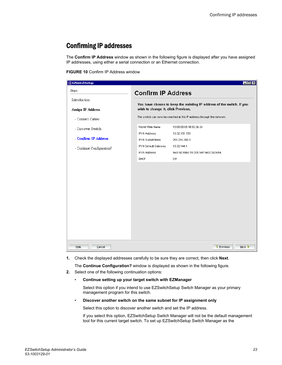 Confirming ip addresses, Window is displayed. skip to, Proceed to | Brocade EZSwitchSetup Administrator’s Guide (Supporting 300, 5100, 5300, 6505, 6510, 6520, 7800, 7840, and VA-40FC) User Manual | Page 25 / 64