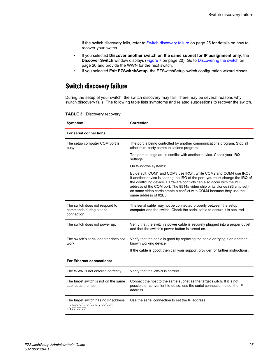 Switch discovery failure, Table 3 | Brocade EZSwitchSetup Administrator’s Guide (Supporting 300, 5100, 5300, 6505, 6510, 6520, 7800, 7840, and VA-40FC) User Manual | Page 27 / 64