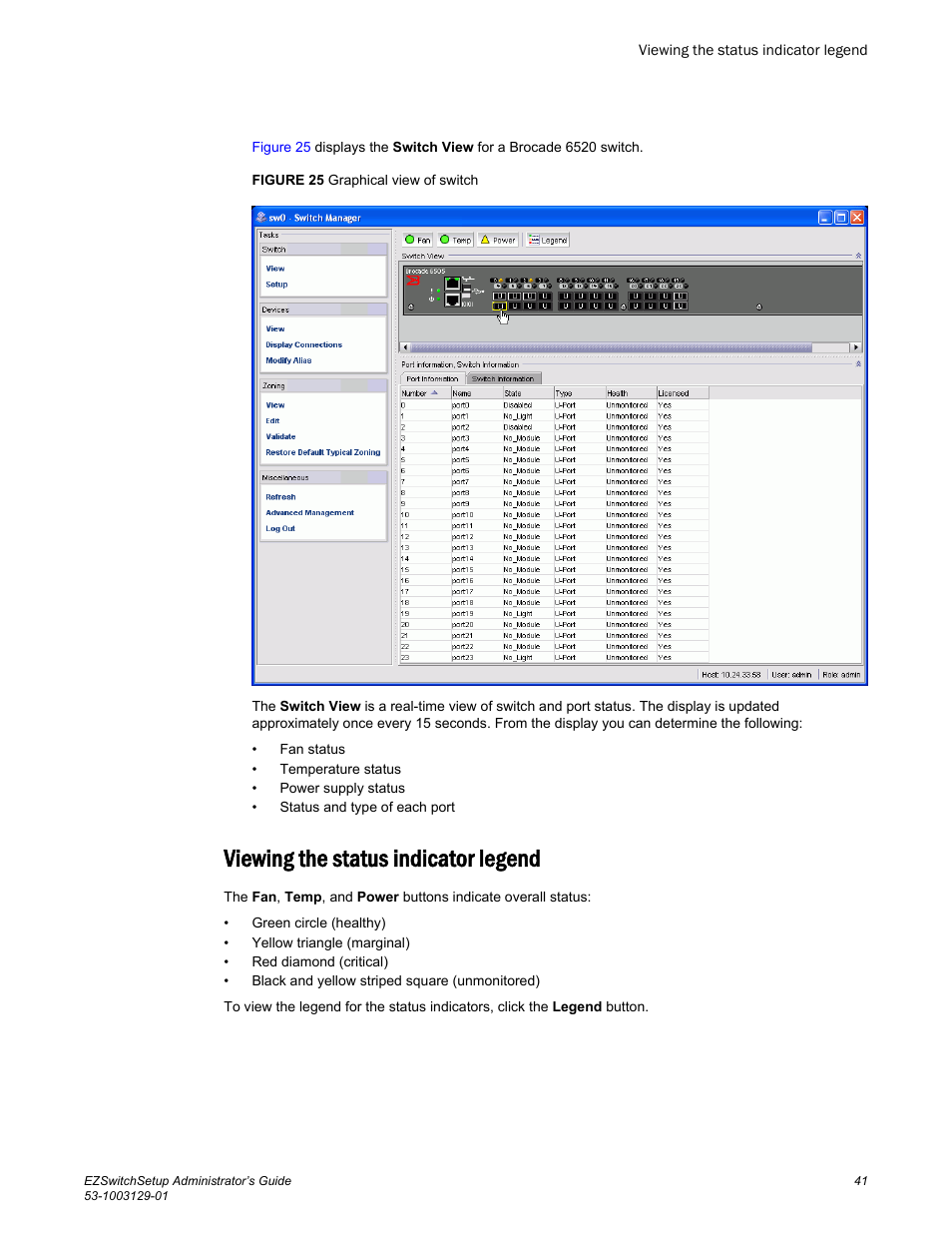 Viewing the status indicator legend | Brocade EZSwitchSetup Administrator’s Guide (Supporting 300, 5100, 5300, 6505, 6510, 6520, 7800, 7840, and VA-40FC) User Manual | Page 43 / 64