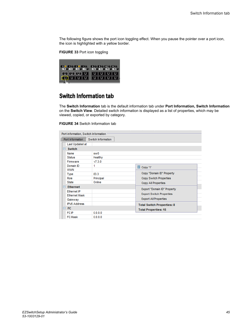 Switch information tab | Brocade EZSwitchSetup Administrator’s Guide (Supporting 300, 5100, 5300, 6505, 6510, 6520, 7800, 7840, and VA-40FC) User Manual | Page 47 / 64