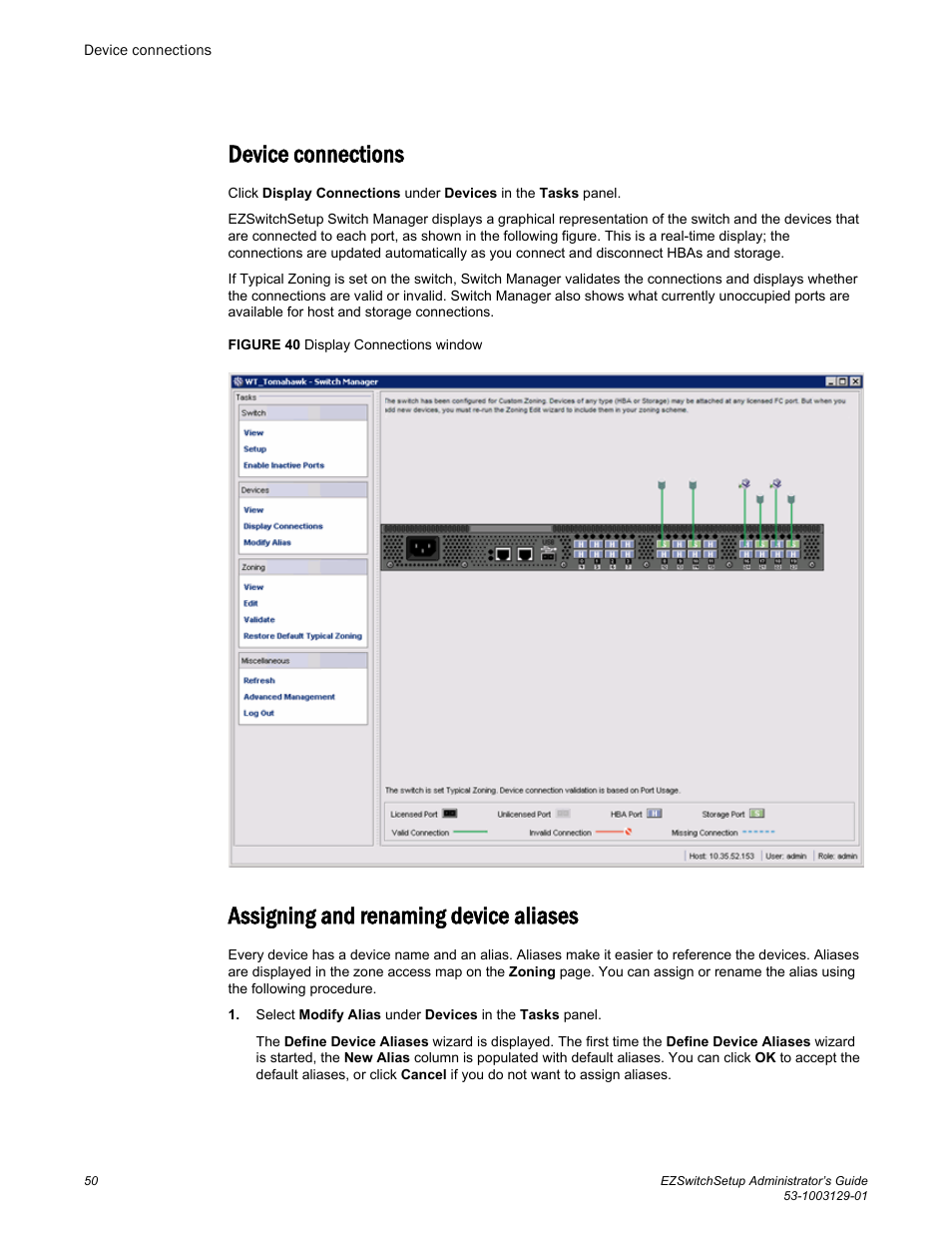 Device connections, Assigning and renaming device aliases | Brocade EZSwitchSetup Administrator’s Guide (Supporting 300, 5100, 5300, 6505, 6510, 6520, 7800, 7840, and VA-40FC) User Manual | Page 52 / 64