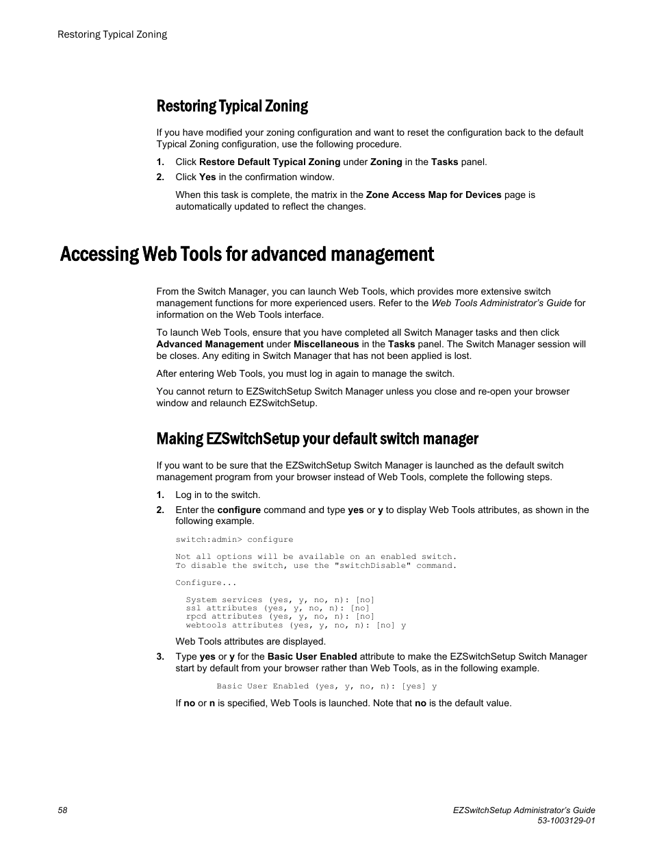 Restoring typical zoning, Accessing web tools for advanced management, Making ezswitchsetup your default switch manager | Brocade EZSwitchSetup Administrator’s Guide (Supporting 300, 5100, 5300, 6505, 6510, 6520, 7800, 7840, and VA-40FC) User Manual | Page 60 / 64