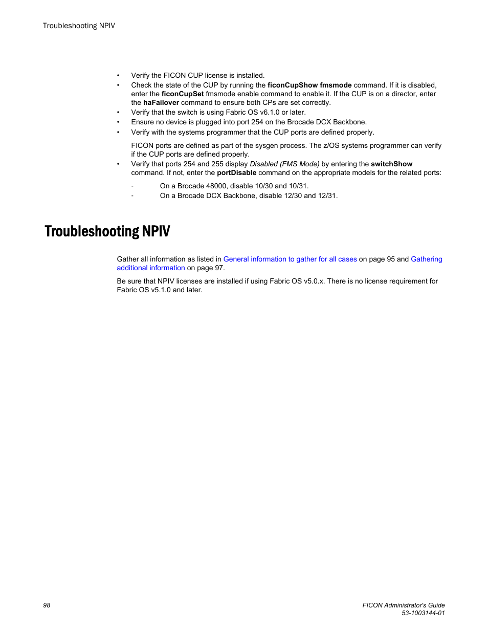 Troubleshooting npiv | Brocade FICON Administrator’s Guide (Supporting Fabric OS v7.3.0) User Manual | Page 100 / 126