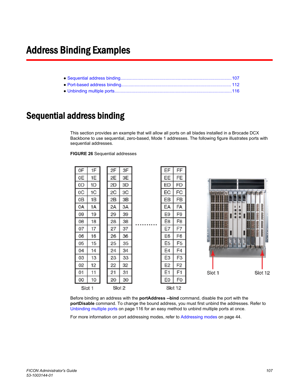 Address binding examples, Sequential address binding | Brocade FICON Administrator’s Guide (Supporting Fabric OS v7.3.0) User Manual | Page 109 / 126