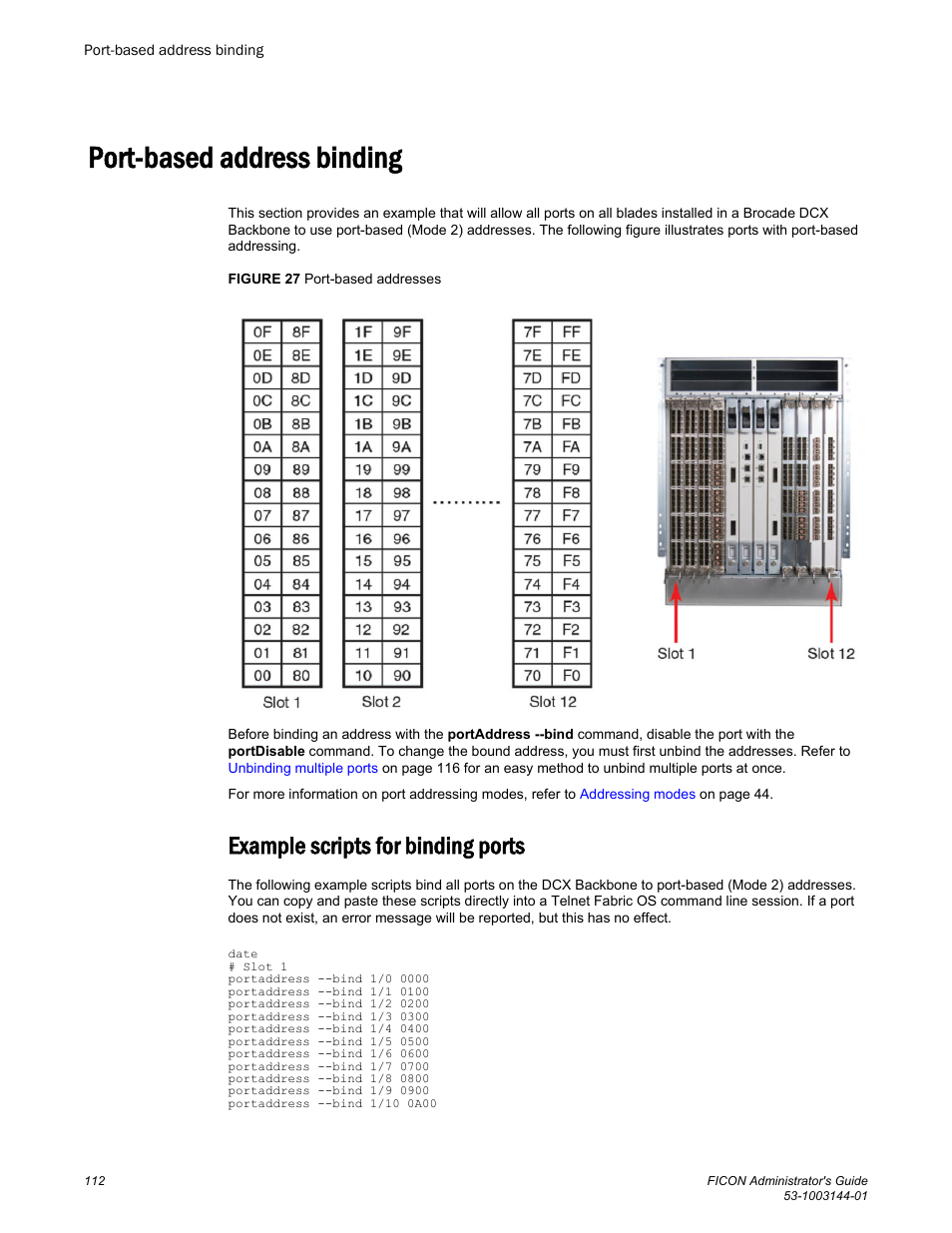 Port-based address binding, Example scripts for binding ports, Refer to | Brocade FICON Administrator’s Guide (Supporting Fabric OS v7.3.0) User Manual | Page 114 / 126