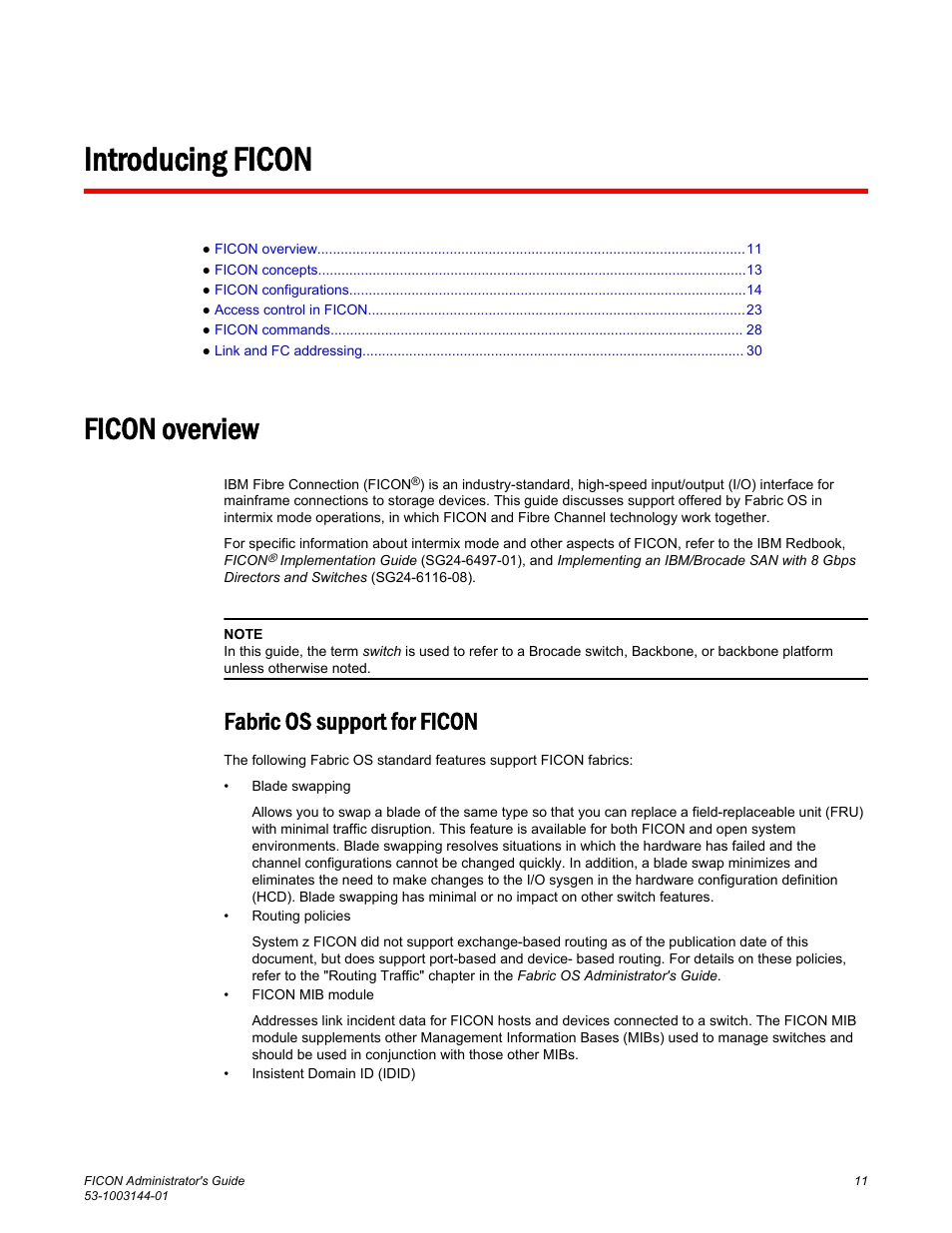 Introducing ficon, Ficon overview, Fabric os support for ficon | Added note under "routing policies" bullet in | Brocade FICON Administrator’s Guide (Supporting Fabric OS v7.3.0) User Manual | Page 13 / 126