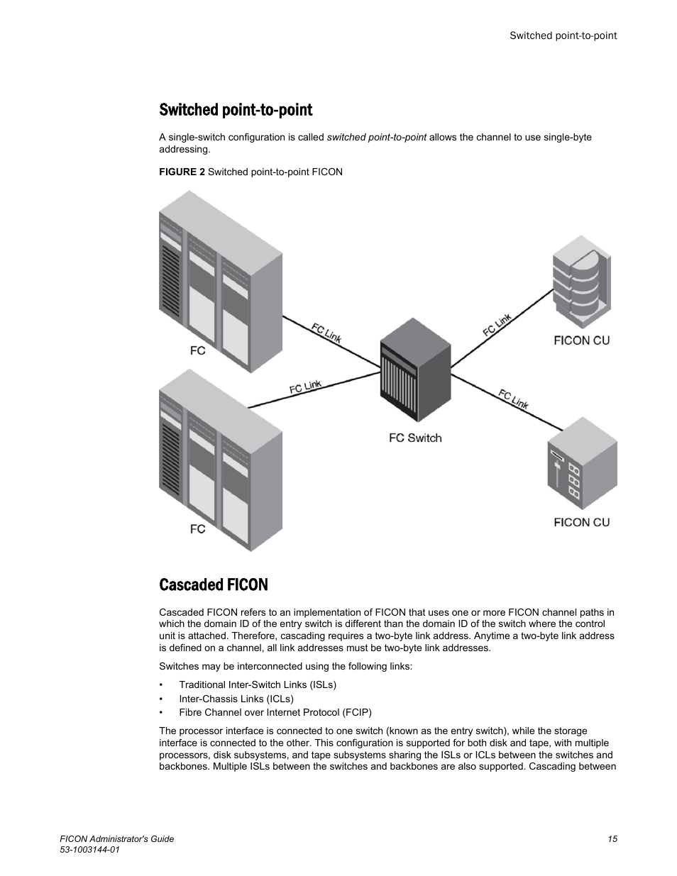 Switched point-to-point, Cascaded ficon, Switched point-to-point cascaded ficon | Brocade FICON Administrator’s Guide (Supporting Fabric OS v7.3.0) User Manual | Page 17 / 126