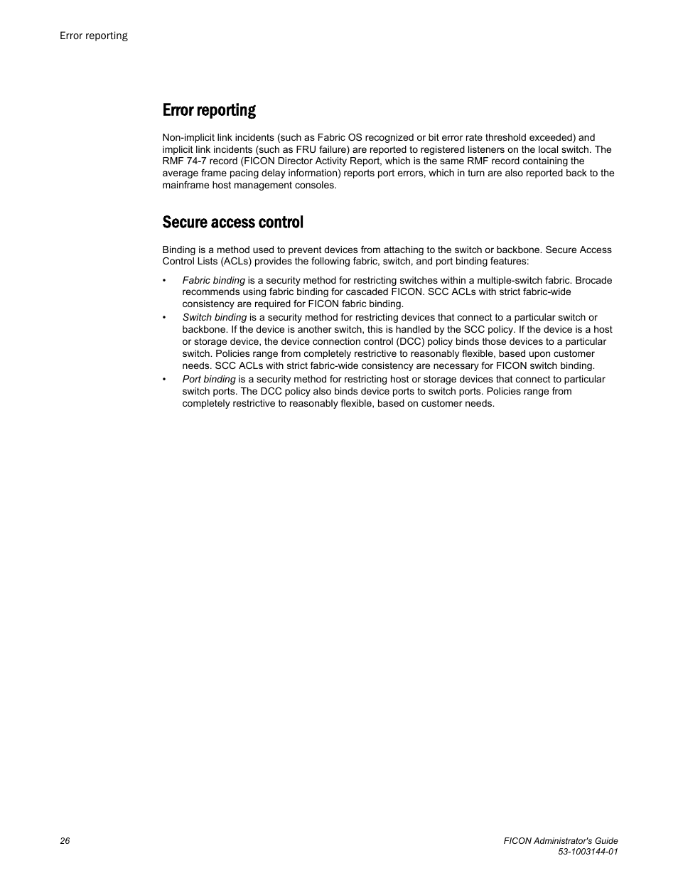 Error reporting, Secure access control, Error reporting secure access control | Brocade FICON Administrator’s Guide (Supporting Fabric OS v7.3.0) User Manual | Page 28 / 126