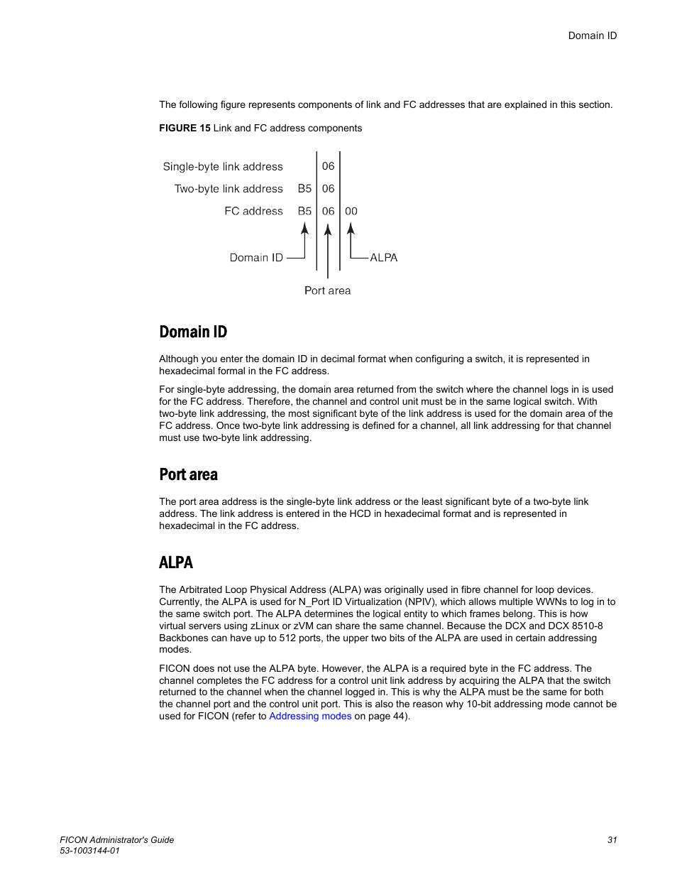 Domain id, Port area, Alpa | Domain id port area alpa | Brocade FICON Administrator’s Guide (Supporting Fabric OS v7.3.0) User Manual | Page 33 / 126