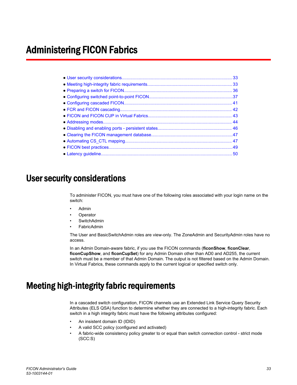 Administering ficon fabrics, User security considerations, Meeting high-integrity fabric requirements | Created | Brocade FICON Administrator’s Guide (Supporting Fabric OS v7.3.0) User Manual | Page 35 / 126