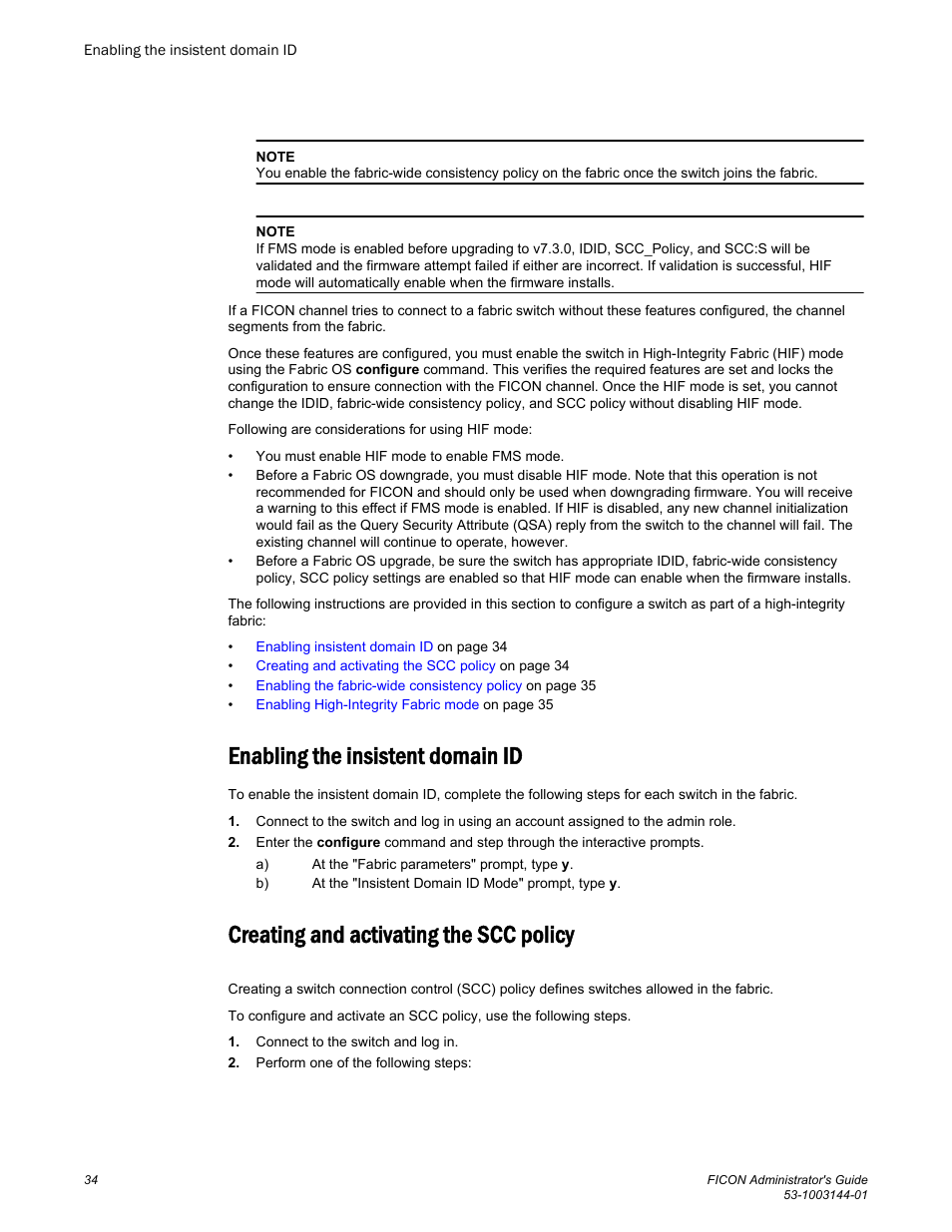 Enabling the insistent domain id, Creating and activating the scc policy | Brocade FICON Administrator’s Guide (Supporting Fabric OS v7.3.0) User Manual | Page 36 / 126