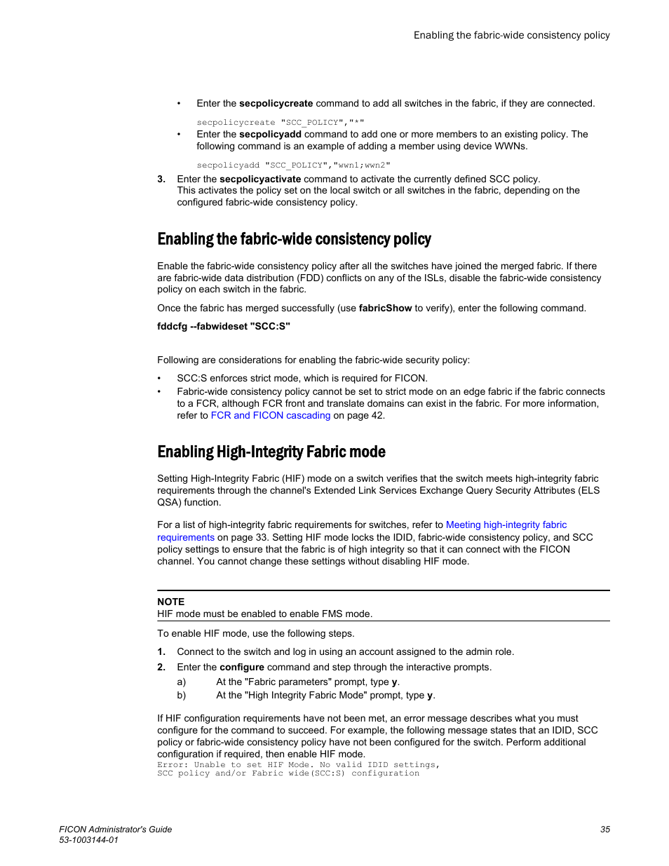 Enabling the fabric-wide consistency policy, Enabling high-integrity fabric mode | Brocade FICON Administrator’s Guide (Supporting Fabric OS v7.3.0) User Manual | Page 37 / 126