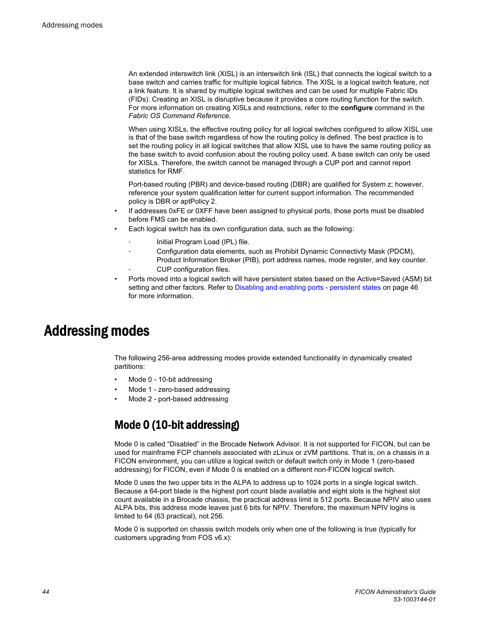 Addressing modes, Mode 0 (10-bit addressing) | Brocade FICON Administrator’s Guide (Supporting Fabric OS v7.3.0) User Manual | Page 46 / 126