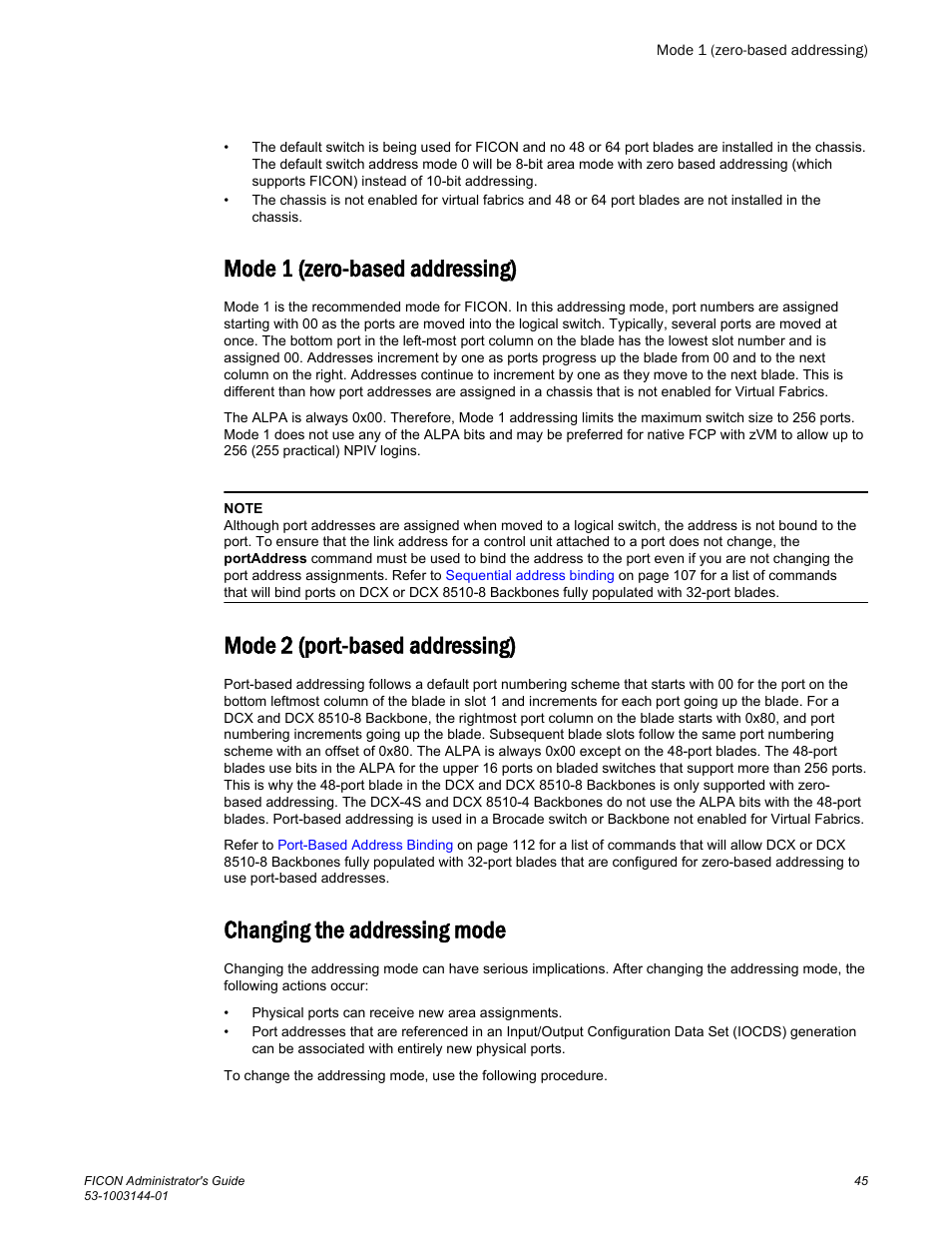 Mode 1 (zero-based addressing), Mode 2 (port-based addressing), Changing the addressing mode | Brocade FICON Administrator’s Guide (Supporting Fabric OS v7.3.0) User Manual | Page 47 / 126