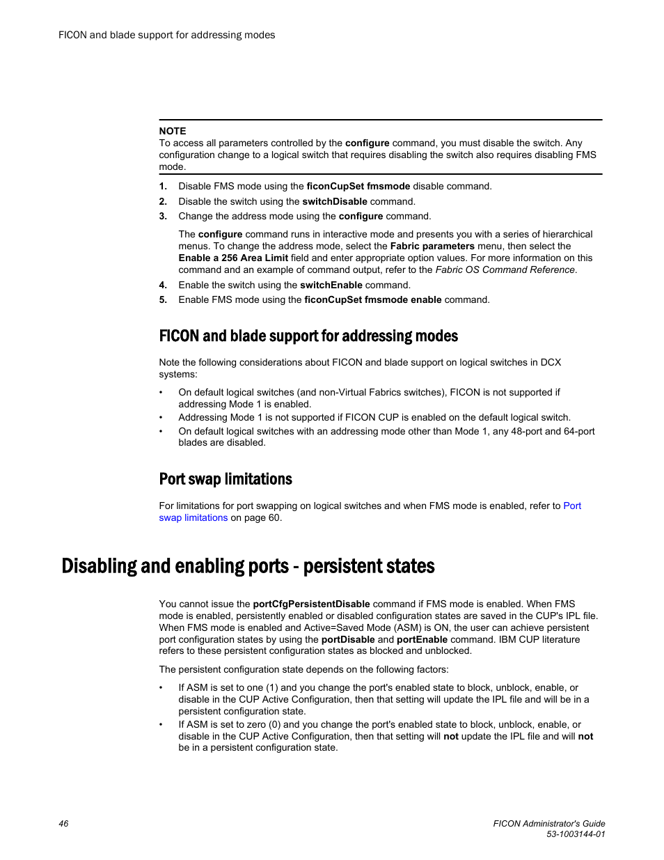 Ficon and blade support for addressing modes, Port swap limitations, Disabling and enabling ports - persistent states | Created, Disabling and enabling ports - persistent, States | Brocade FICON Administrator’s Guide (Supporting Fabric OS v7.3.0) User Manual | Page 48 / 126