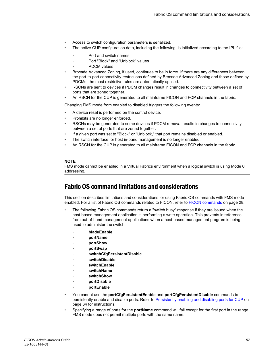 Fabric os command limitations and considerations | Brocade FICON Administrator’s Guide (Supporting Fabric OS v7.3.0) User Manual | Page 59 / 126